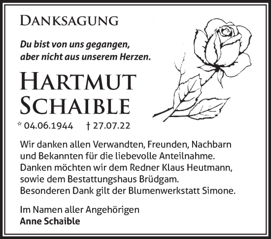 Traueranzeige von Hartmut Schaible von Märkische Oderzeitung