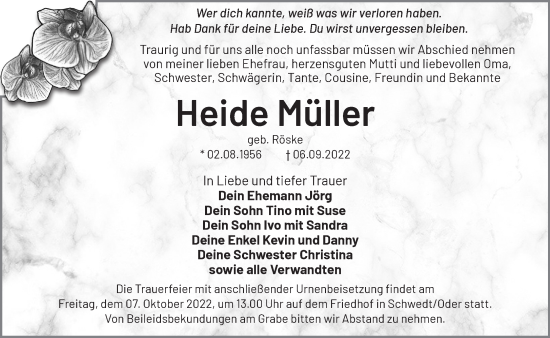 Traueranzeige von Heide Müller von Märkische Oderzeitung