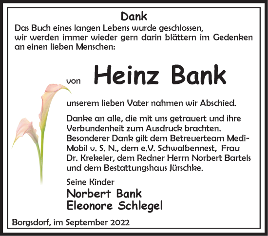 Traueranzeige von Heinz Bank von Märkische Oderzeitung