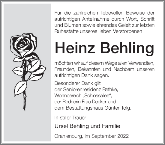 Traueranzeige von Heinz Behling von Märkische Oderzeitung