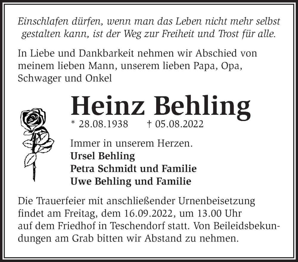 Traueranzeigen von Heinz Behling | Märkische Onlinezeitung Trauerportal