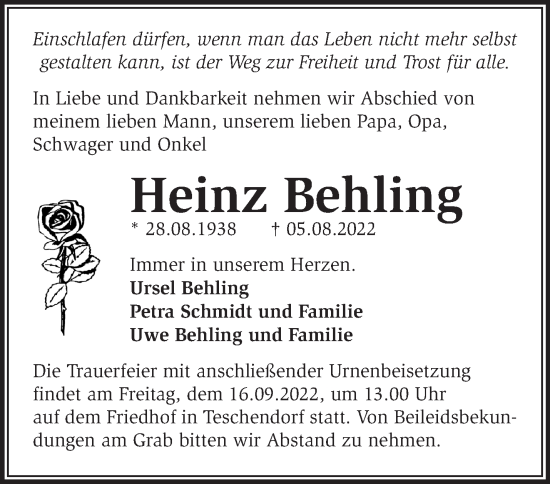 Traueranzeige von Heinz Behling von Märkische Oderzeitung