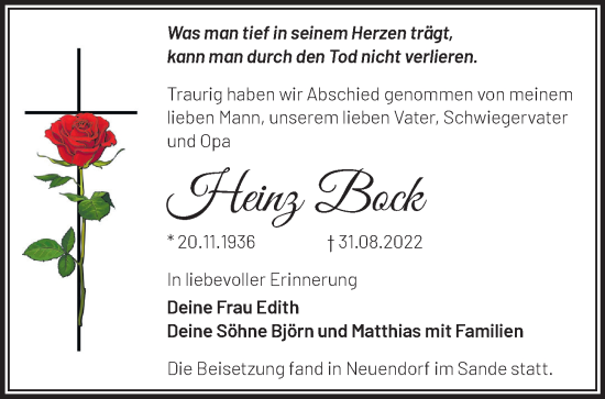 Traueranzeige von Heinz Bock von Märkische Oderzeitung