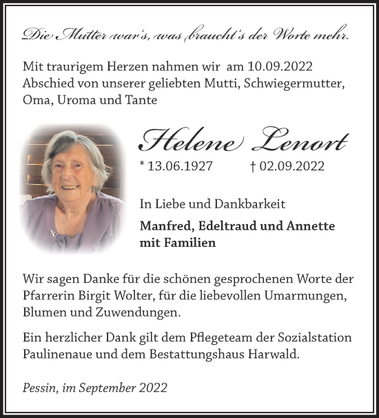 Traueranzeigen von Helene Lenort | Märkische Onlinezeitung Trauerportal