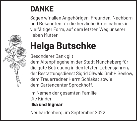 Traueranzeige von Helga Butschke von Märkische Oderzeitung