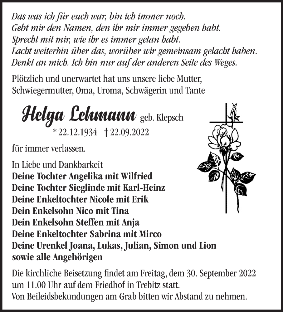  Traueranzeige für Helga Lehmann vom 27.09.2022 aus Märkische Oderzeitung