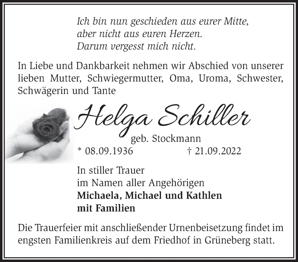  Traueranzeige für Helga Schiller vom 27.09.2022 aus Märkische Oderzeitung