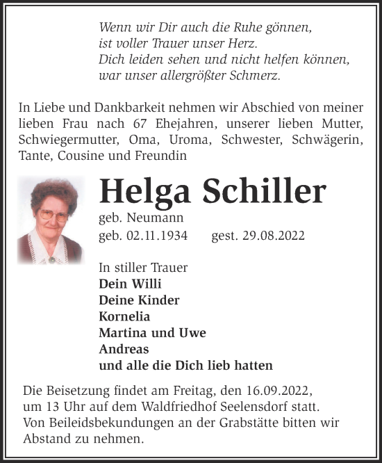 Traueranzeige von Helga Schiller von Märkische Oderzeitung