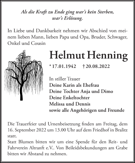 Traueranzeige von Helmut Henning von Märkische Oderzeitung