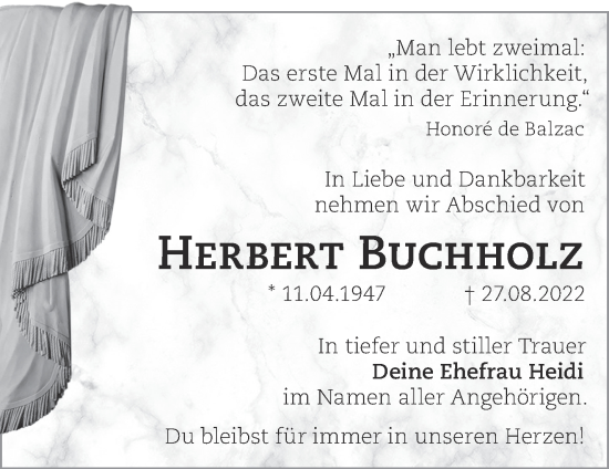 Traueranzeige von Herbert Buchholz von Märkische Oderzeitung