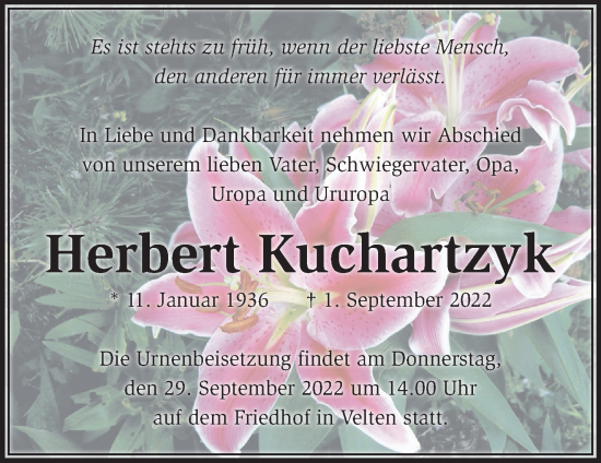 Traueranzeige von Herbert Kuchartzyk von Märkische Oderzeitung