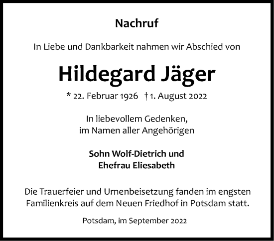 Traueranzeige von Hildegard Jäger von Märkische Oderzeitung