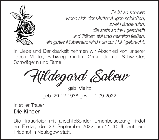 Traueranzeige von Hildegard Salow von Märkische Oderzeitung