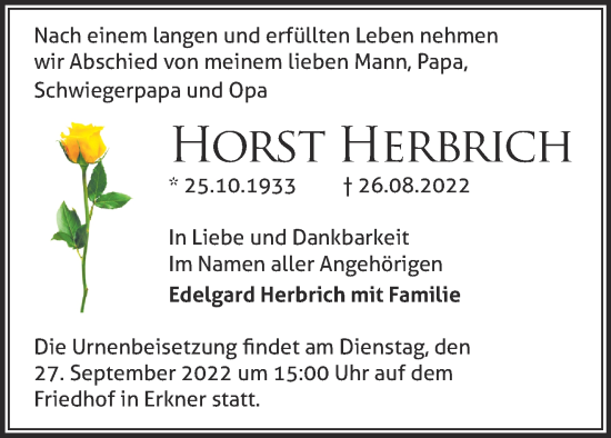 Traueranzeige von Horst Herbrich von Märkische Oderzeitung