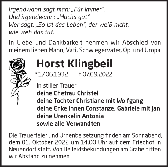 Traueranzeige von Horst Klingbeil von Märkische Oderzeitung