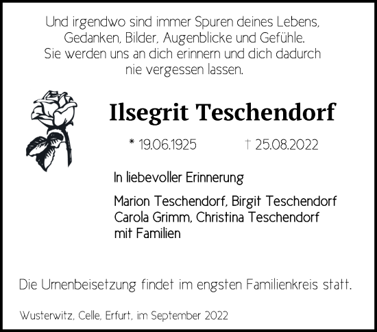 Traueranzeige von Ilsegrit Teschendorf von Märkische Oderzeitung