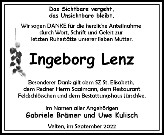 Traueranzeige von Ingeborg Lenz von Märkische Oderzeitung