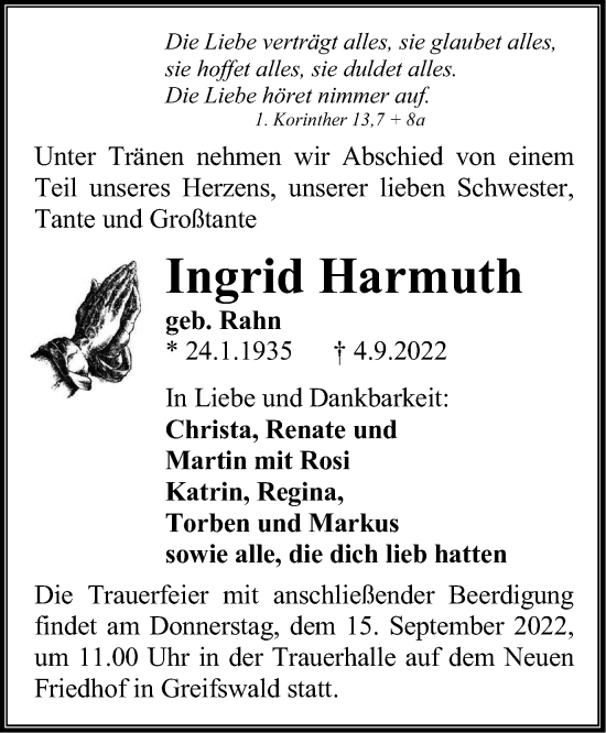 Traueranzeige von Ingrid Harmuth von Märkische Oderzeitung