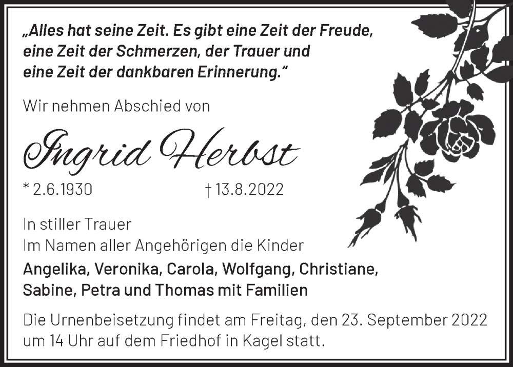  Traueranzeige für Ingrid Herbst vom 08.09.2022 aus Märkische Oderzeitung