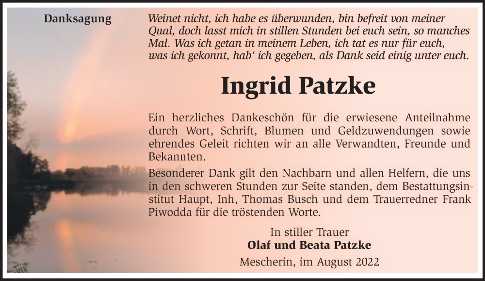  Traueranzeige für Ingrid Patzke vom 03.09.2022 aus Märkische Oderzeitung
