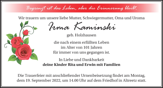 Traueranzeige von Irma Kaminski von Märkische Oderzeitung