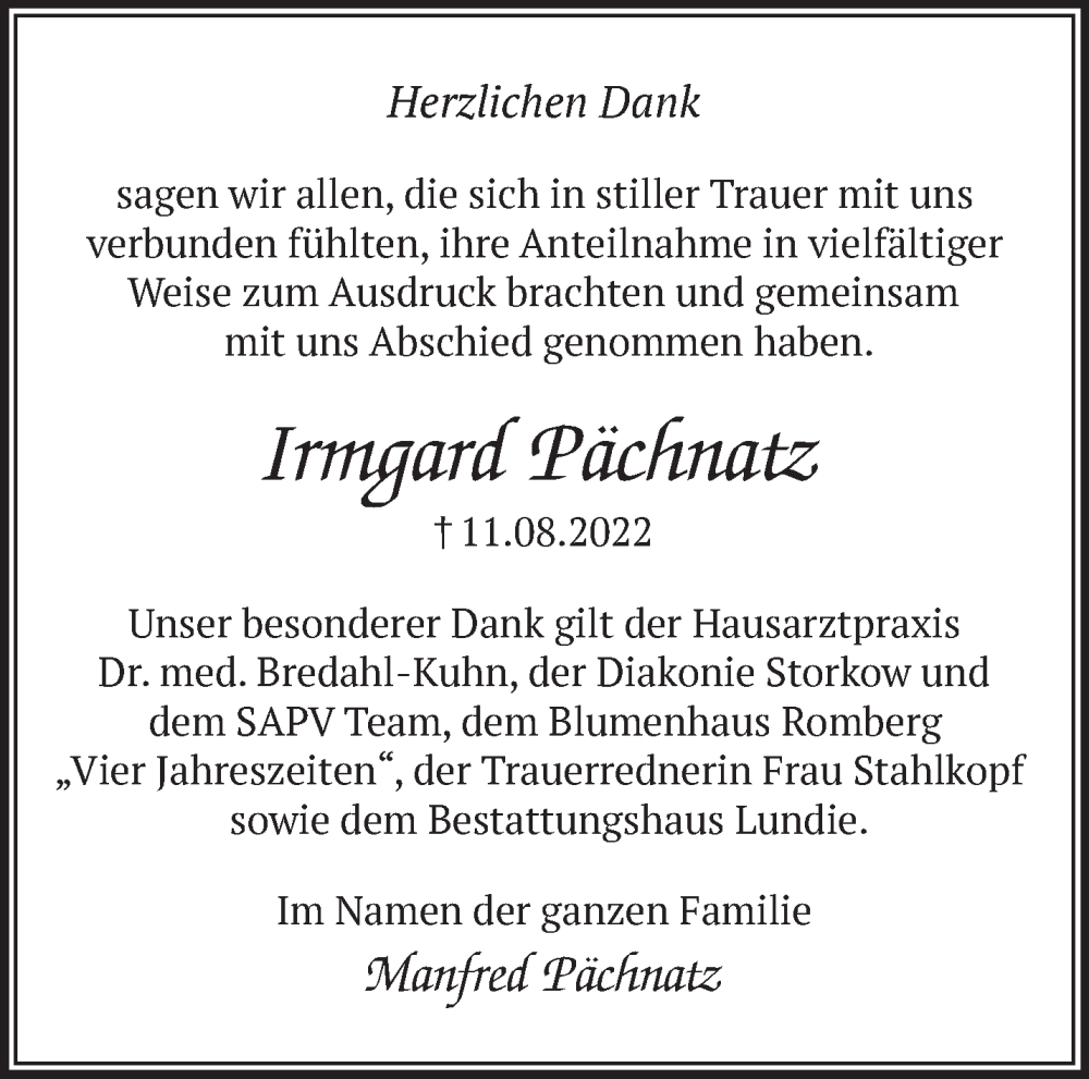  Traueranzeige für Irmgard Pächnatz vom 03.09.2022 aus Märkische Oderzeitung