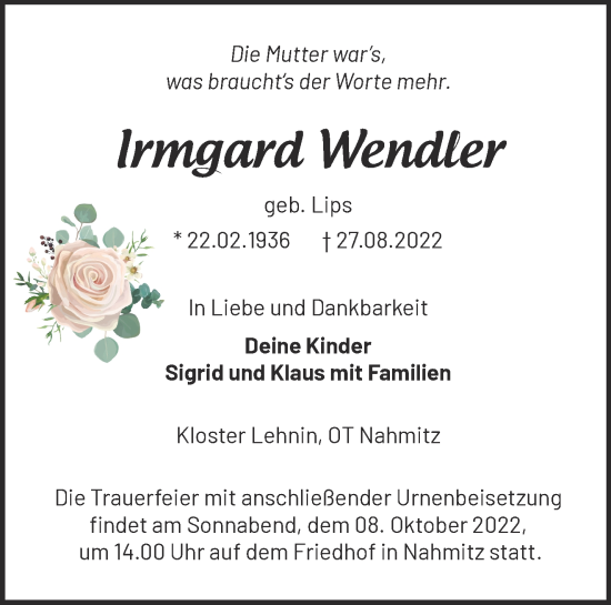 Traueranzeige von Irmgard Wendler von Märkische Oderzeitung