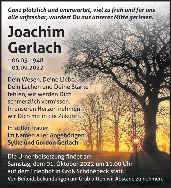 Traueranzeige von Joachim Gerlach von Märkische Oderzeitung