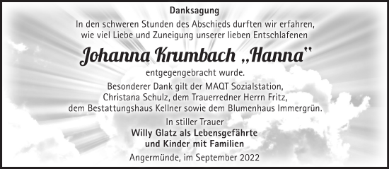 Traueranzeige von Johanna Krumbach von Märkische Oderzeitung