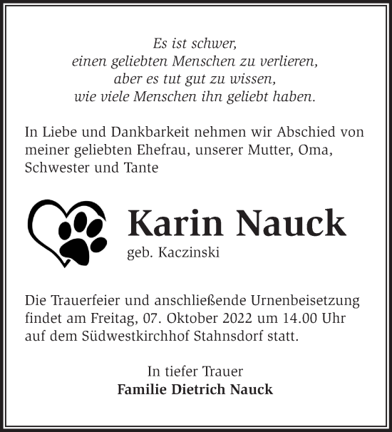 Traueranzeige von Karin Nauck von Märkische Oderzeitung