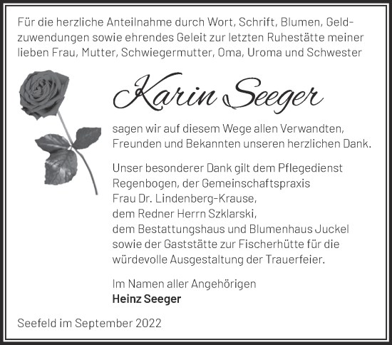 Traueranzeige von Karin Seeger von Märkische Oderzeitung