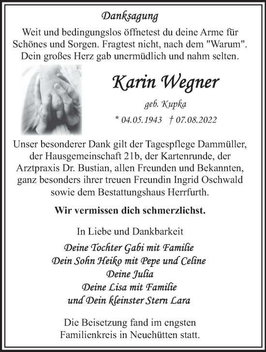 Traueranzeige von Karin Wegner von Märkische Oderzeitung