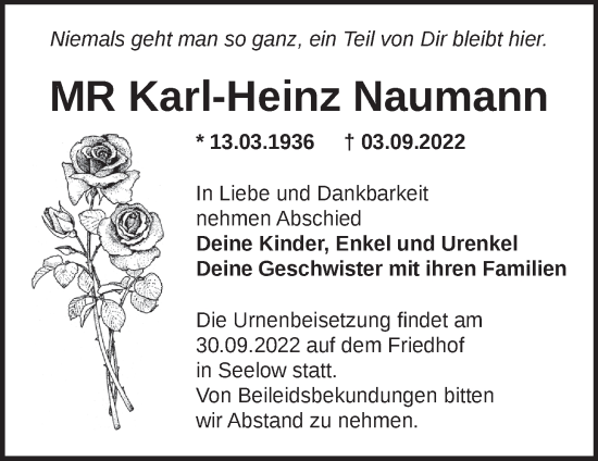 Traueranzeige von Karl-Heinz Naumann von Märkische Oderzeitung