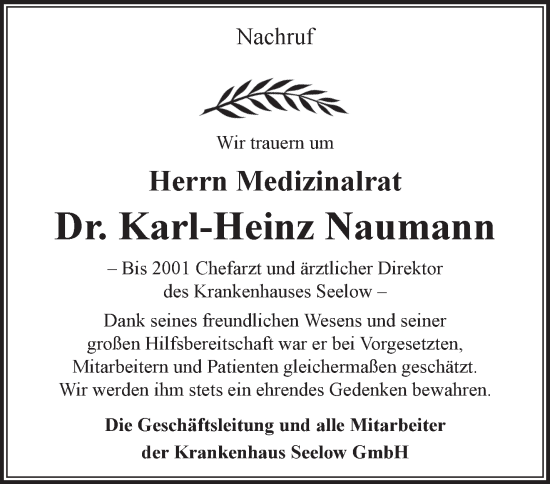 Traueranzeige von Karl-Heinz Naumann von Märkische Oderzeitung