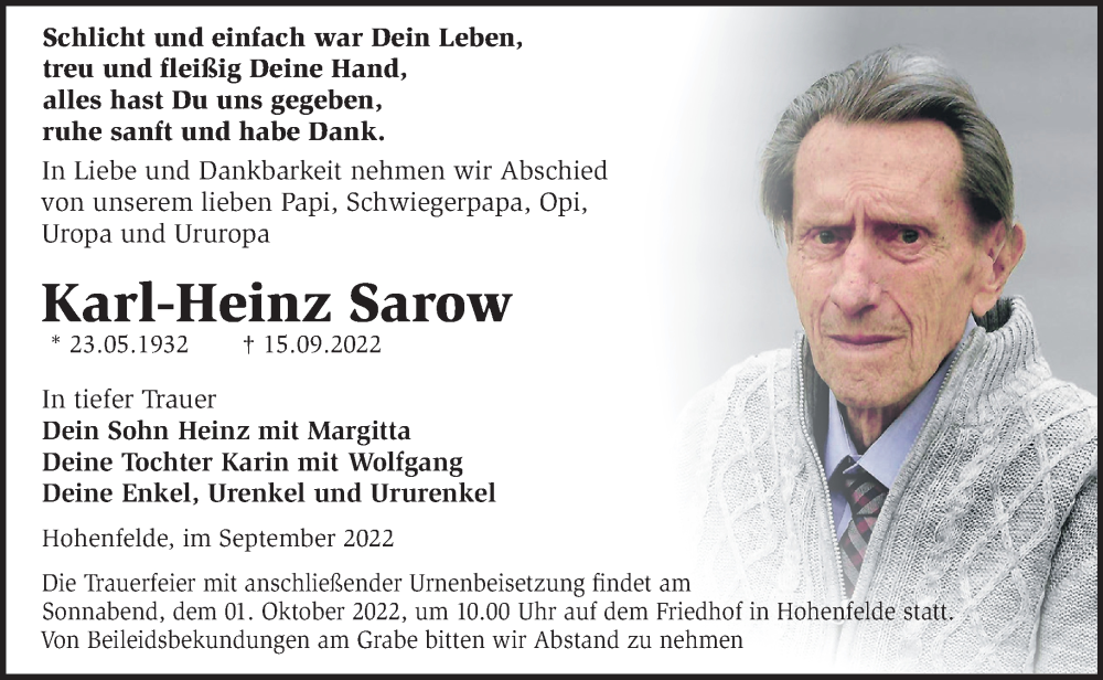  Traueranzeige für Karl-Heinz Sarow vom 21.09.2022 aus Märkische Oderzeitung