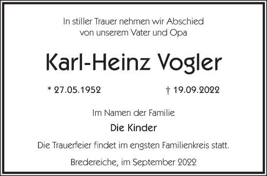 Anzeige Karl-Heinz Vogler