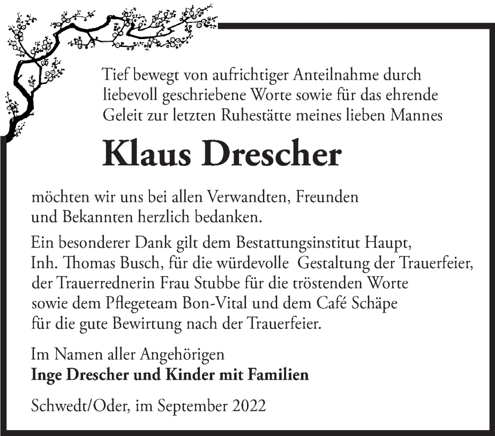  Traueranzeige für Klaus Drescher vom 17.09.2022 aus Märkische Oderzeitung