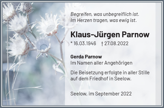 Traueranzeige von Klaus-Jürgen Parnow von Märkische Oderzeitung