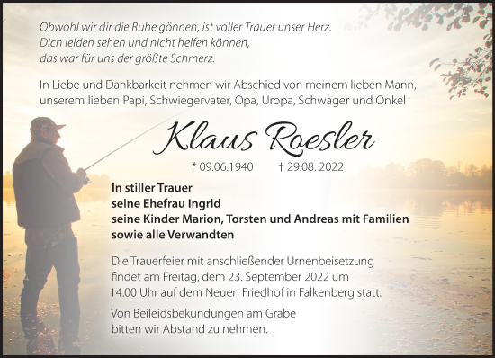 Traueranzeige von Klaus Roesler von Märkische Oderzeitung