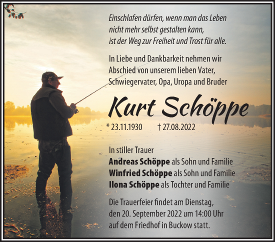 Traueranzeige von Kurt Schöppe von Märkische Oderzeitung