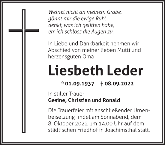 Traueranzeige von Liesbeth Leder von Märkische Oderzeitung