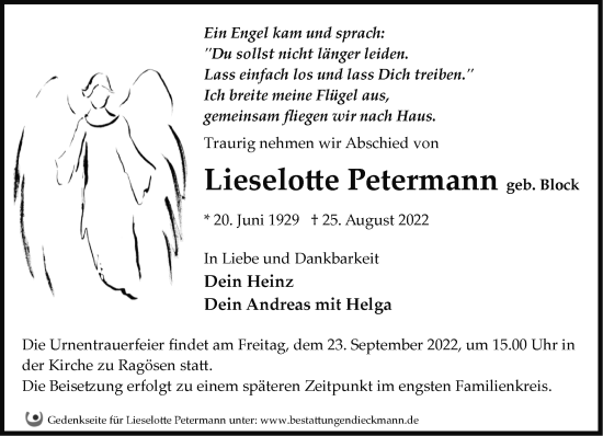 Traueranzeige von Lieselotte Petermann von Märkische Oderzeitung