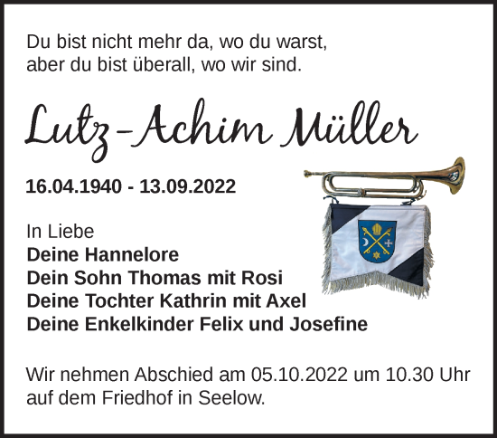 Traueranzeige von Lutz-Achim Müller von Märkische Oderzeitung