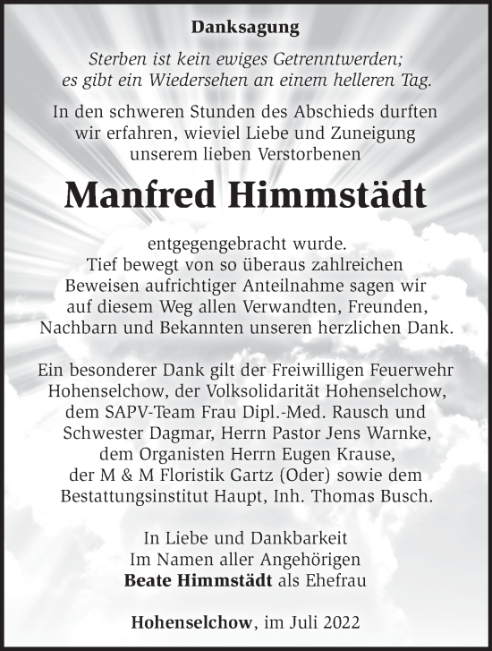 Traueranzeige von Manfred Himmstädt von Märkische Oderzeitung