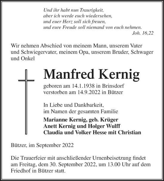 Traueranzeige von Manfred Kernig von Märkische Oderzeitung