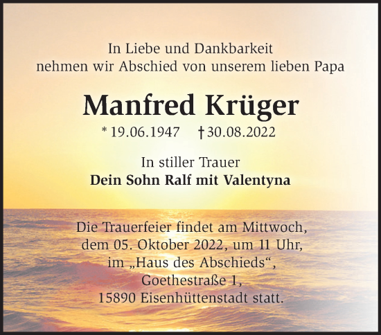 Traueranzeige von Manfred Krüger von Märkische Oderzeitung