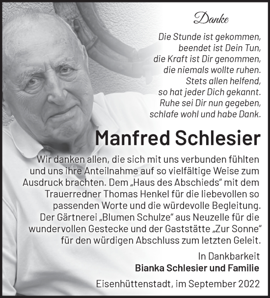 Traueranzeige von Manfred Schlesier von Märkische Oderzeitung