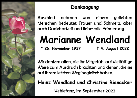 Traueranzeige von Marianne Wendland von Märkische Oderzeitung