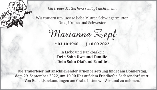 Anzeige Marianne Zepf