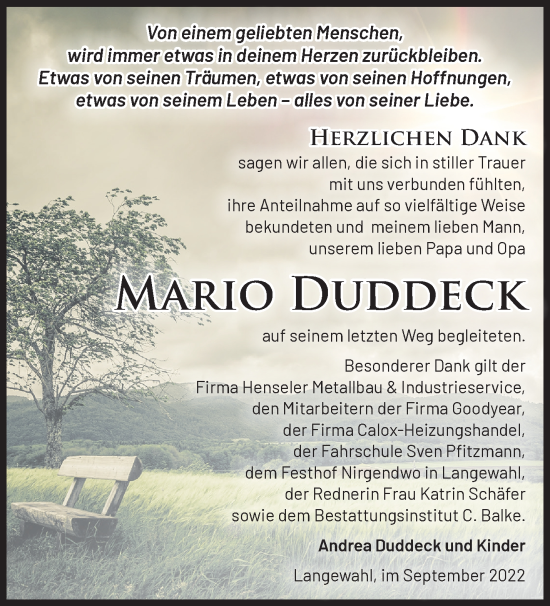 Traueranzeige von Mario Duddeck von Märkische Oderzeitung